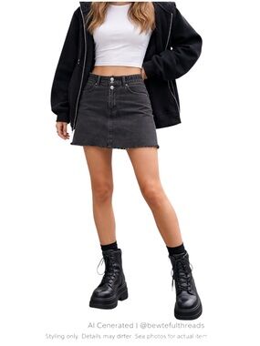 Y2K Black Denim Mini Skirt 28 Raw Hem Grunge Festival Style